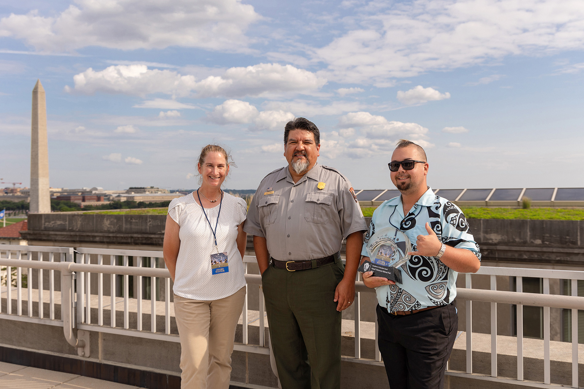 Image of Jody Anastasio in front of the Washington Monument with colleagues from Hawai’i Volcanos National Park. 
