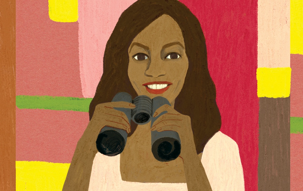 Illustration of Dominique Shelton holding binoculars