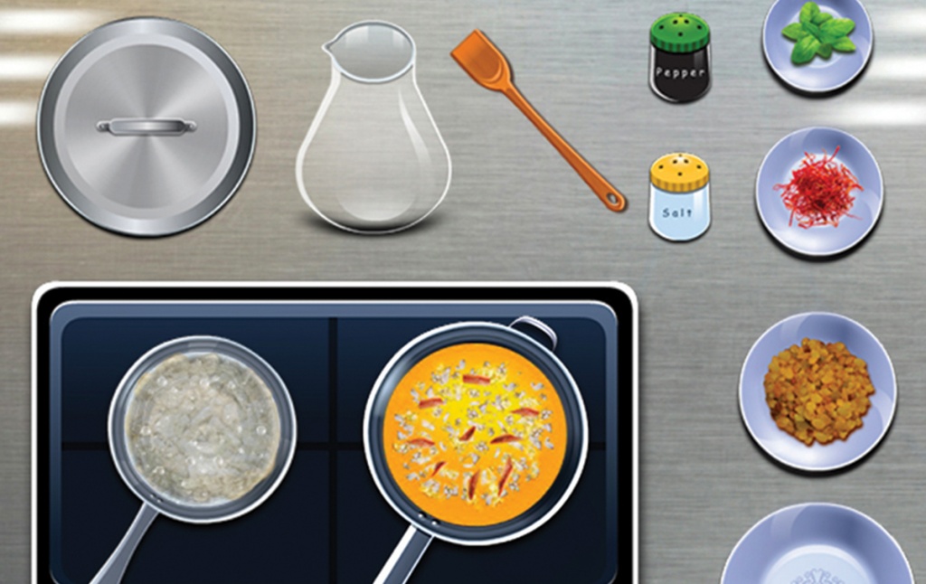 Image of a screen capture from the app: illustrations of plates and food related items. 