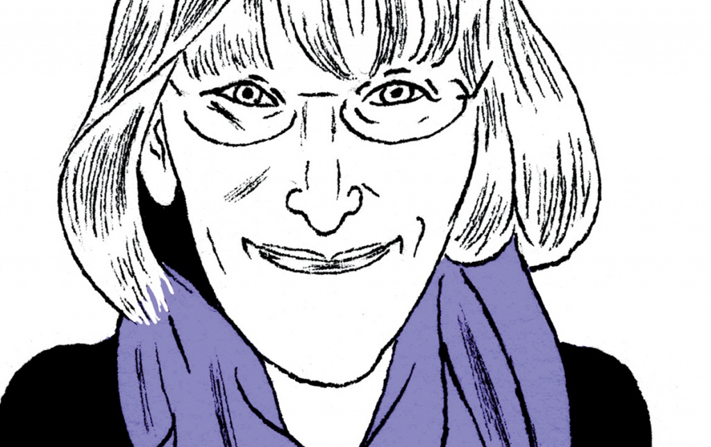 Drawing of Susan Greenfield ’83 writing in a book