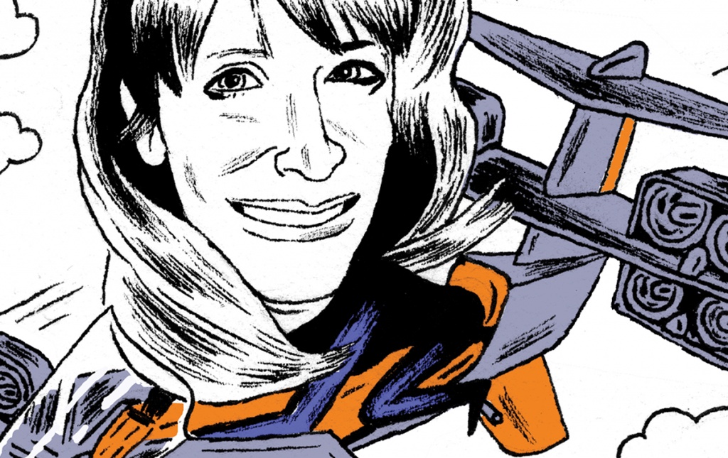 Drawing of Gwen Lighter ’91 in a flying device