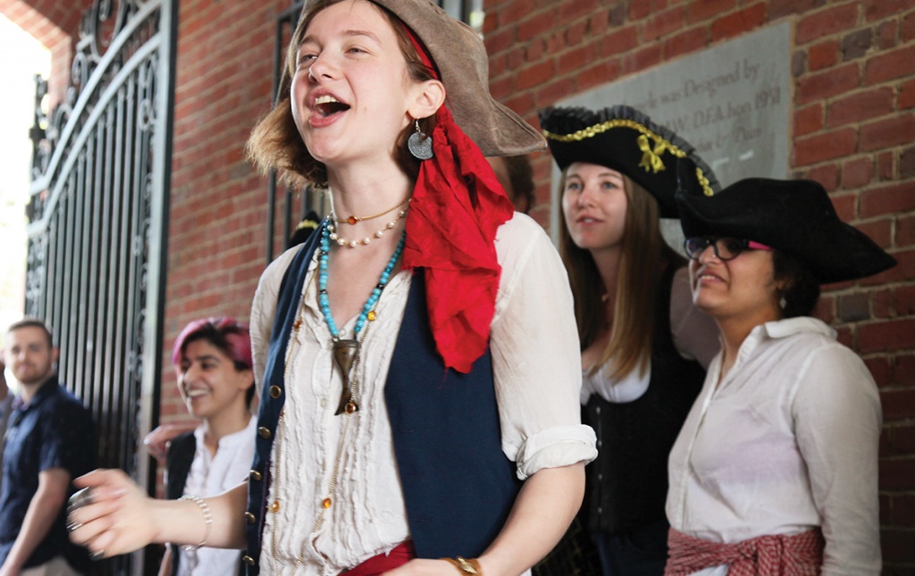 The Pirate Scummy (Charlotte Senders ’18) sings out during a Reunion event in May. 