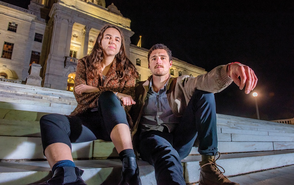 Jennah Gosciak ’19 and Oscar d'Angeac ’17 on the steps of the RI State House