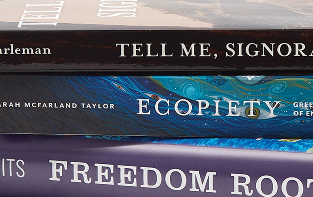 Image of books by Ann Harleman ’88 AM, Sarah McFarland Taylor ’90, and Richard Lee Turits ’83