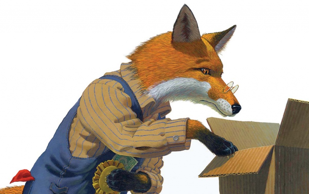 Illustration of a fox looking into a box by Brian Lies