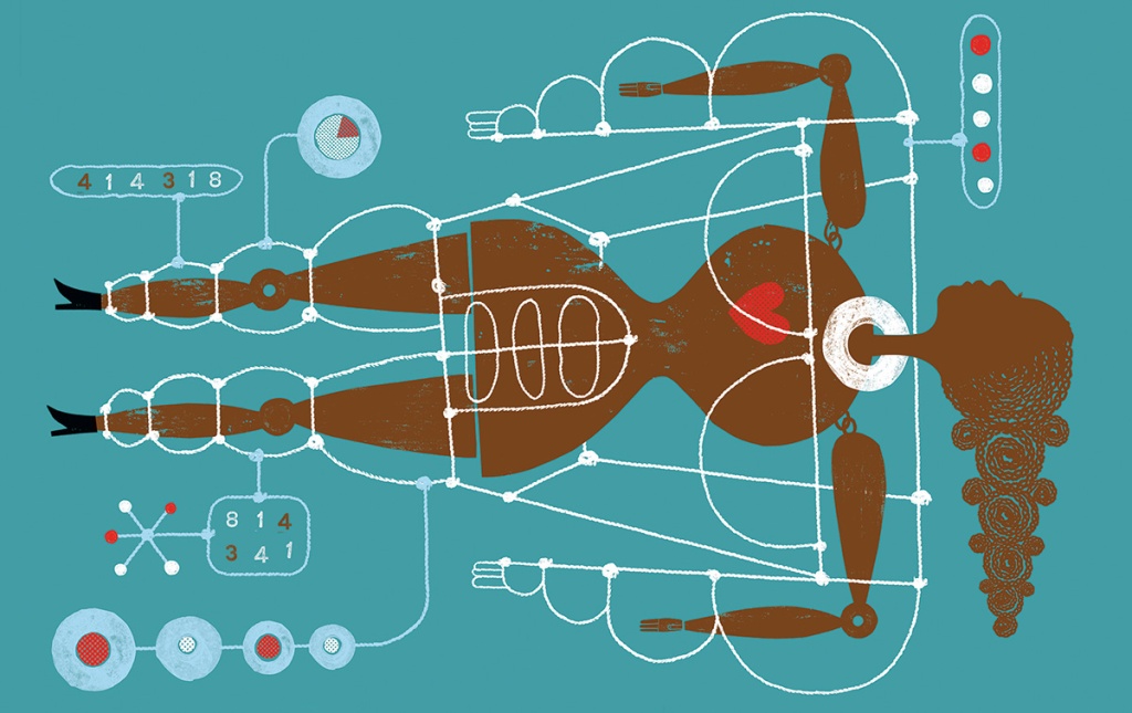 Illustration by Melinda Beck of a human with a diagram of female body around it