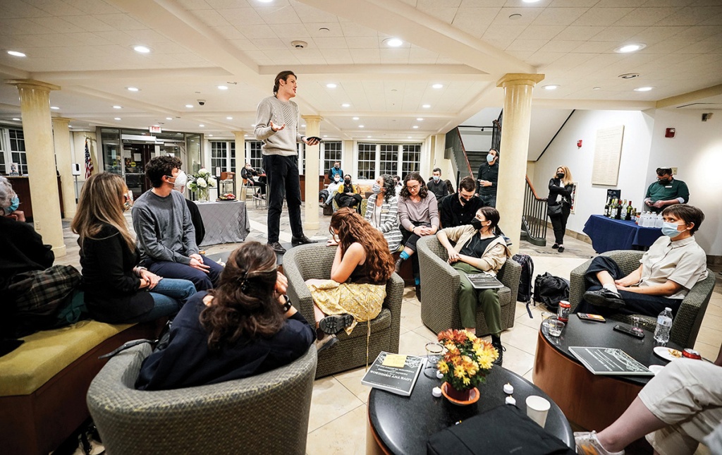 Image of Isaac Goldman Sonnenfelt speaking to a crowd at Brown