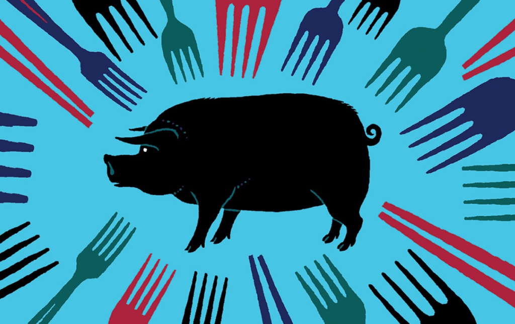 Illustration of pig with forks aiming toward it. 