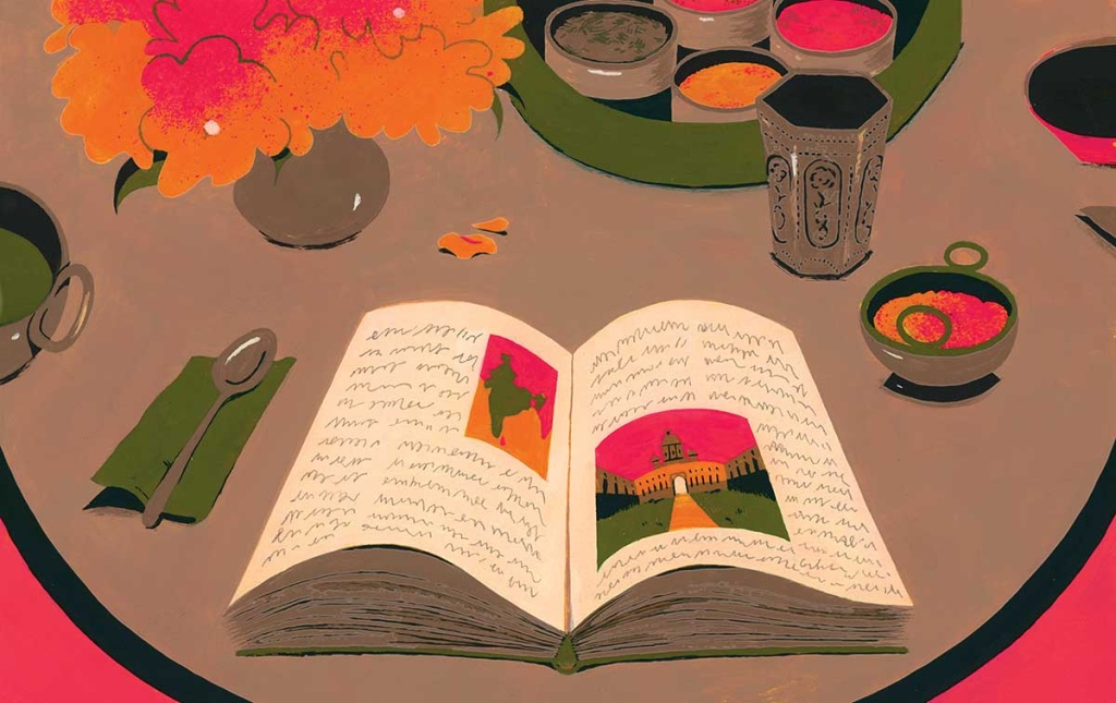 Illustration by Celia Jacobs of a dining table with a book open, flowers and bowls of condiments and a cup.