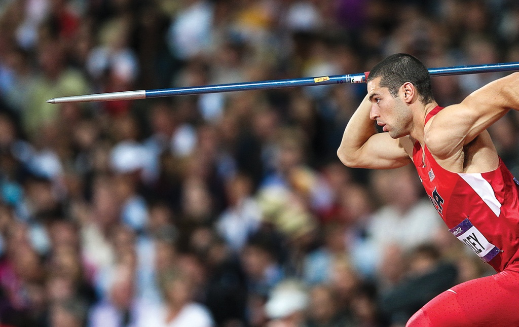 Image of Craig Kinsley ’11 about to throw a javelin in the 2012 London Olympics