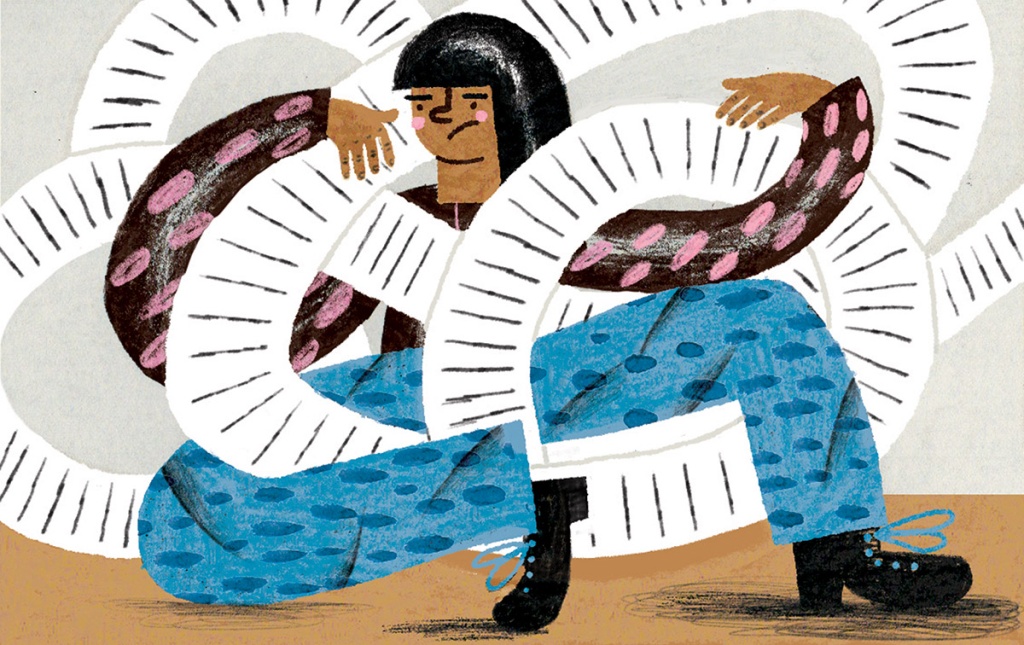Illustration by Kasia Fryza of a person entangled in a roll of paper.