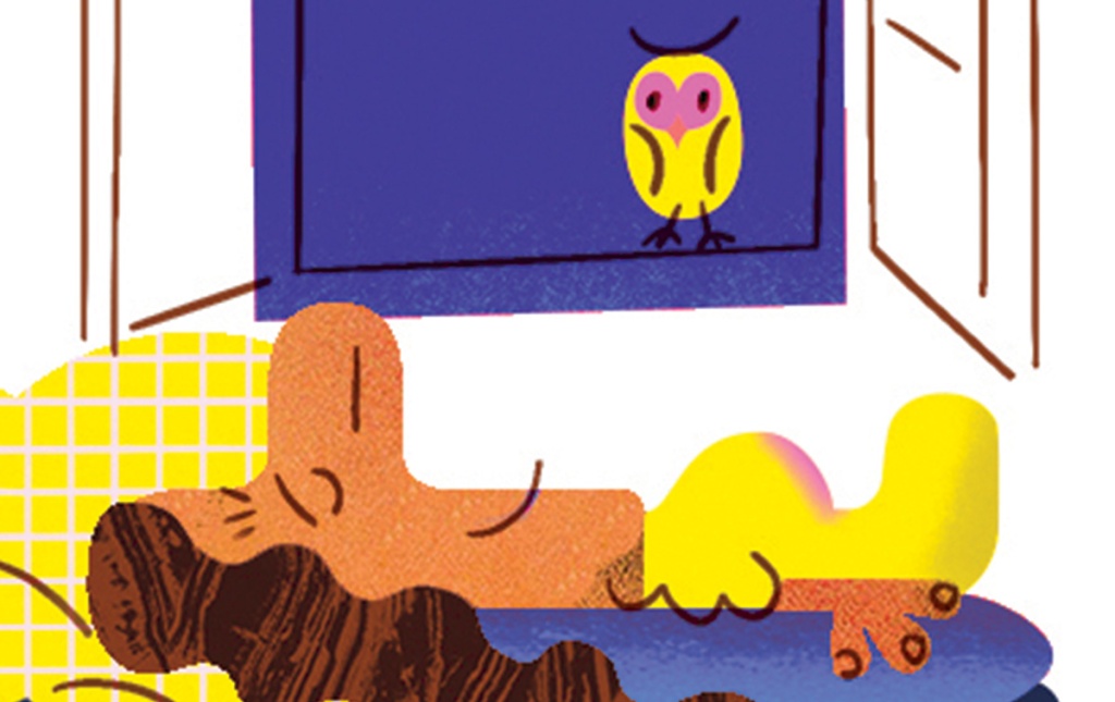Illustration by Ola Niepsuj of a person sleeping under an open window with an owl sitting on a branch outside.