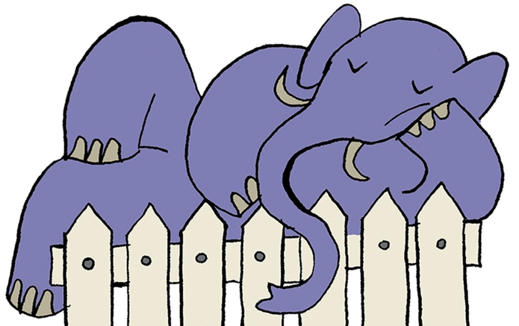 Illustration by S. Federico of an elephant laying on top of a fence. 