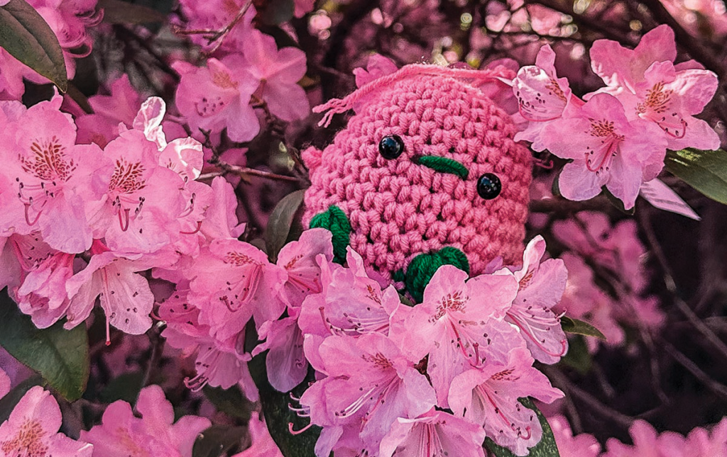 Image of a pink crocheted bird hiding in pink rhododendron flowers