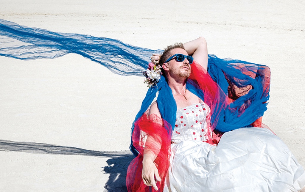 portrait of Andrew Sean Greer in tulle