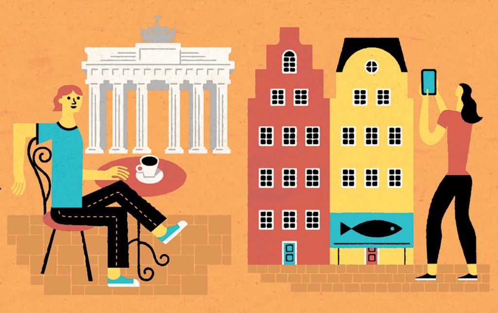 Illustration by Tim Cook of of Brown students in front of various structures overseas.