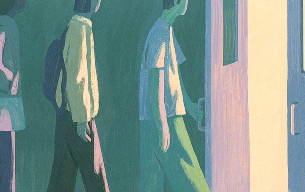 Illustration by Holly Stapleton of people lining up to walk out an open door.