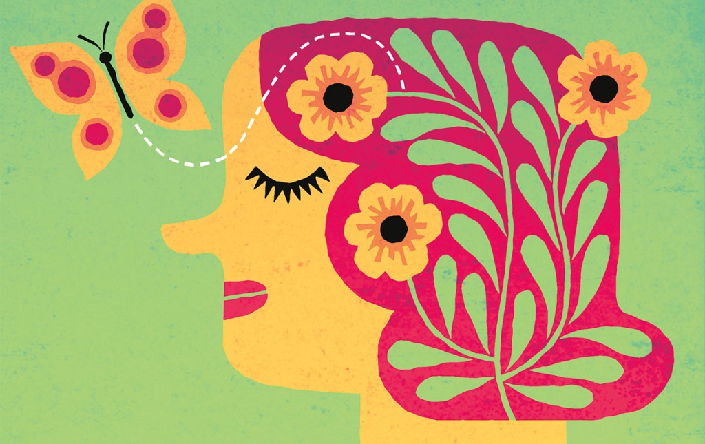 Illustration by Tim Cook of a person with flowers in her hair and a butterfly flying around her head.