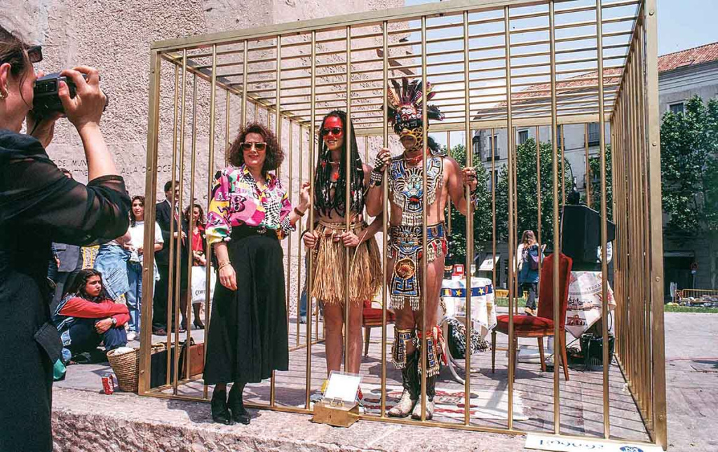 Fusco with Gómez-Peña as fictional members of the “Guatinaui” tribe, in Madrid in 1992. 