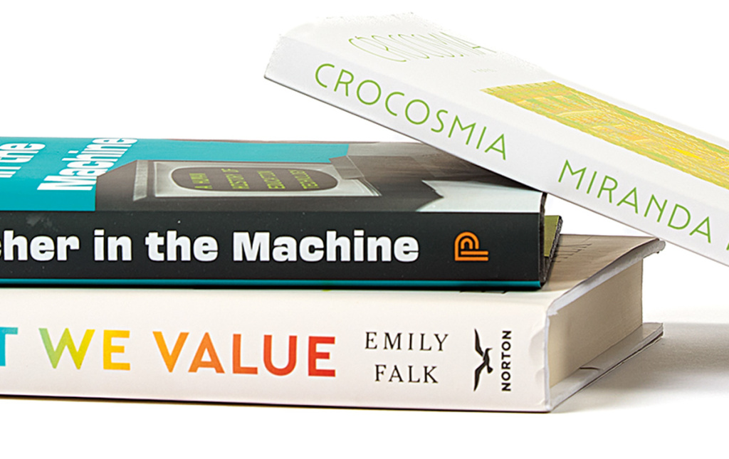 Book spines by Miranda Mellis, Anne Trumbore, and Emily Falk