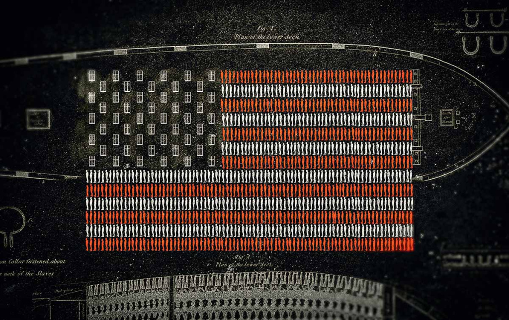 Illustration of of people and windows creating the American flag