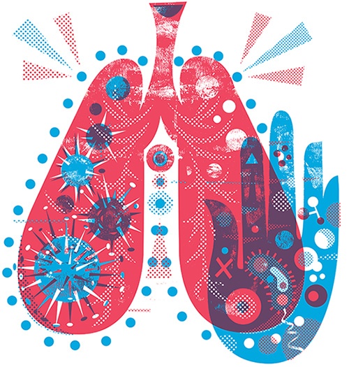 Colorful illustration of lungs with bacteria floating inside.