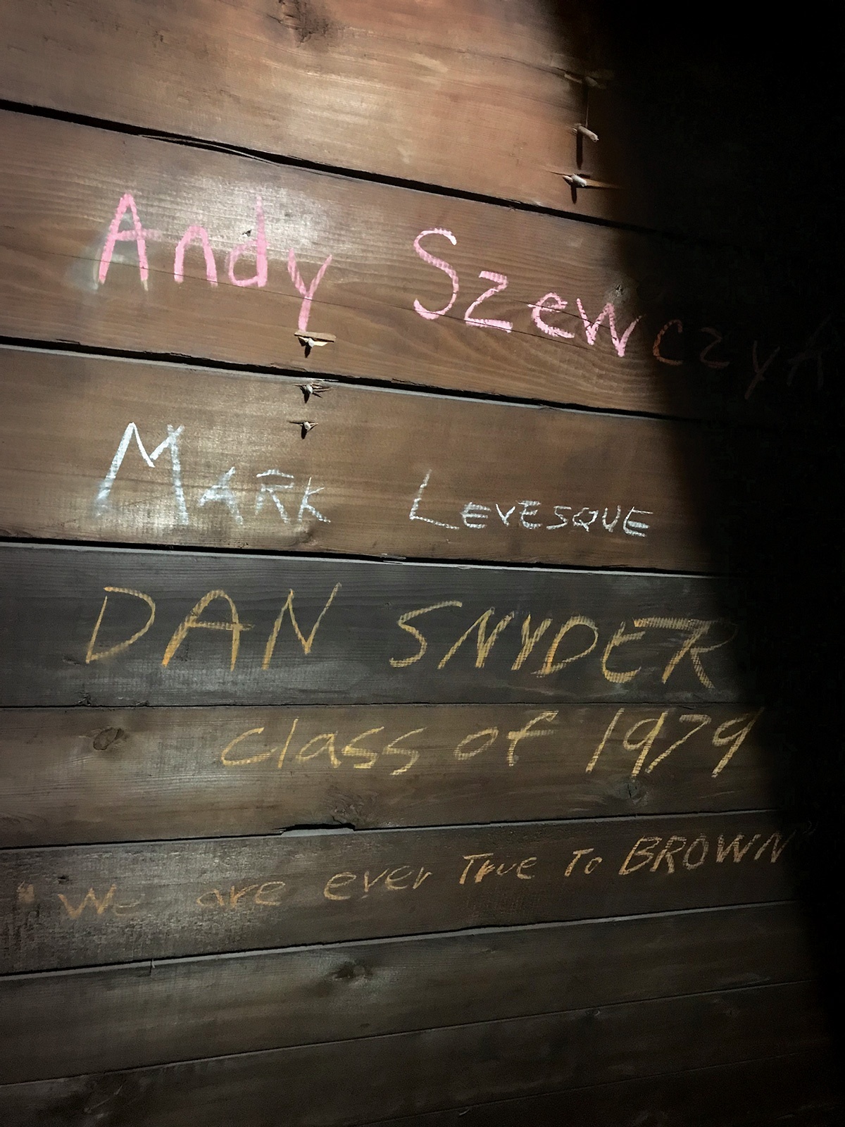 Photo of graffiti on a wooden wall, with the names of several people listed.