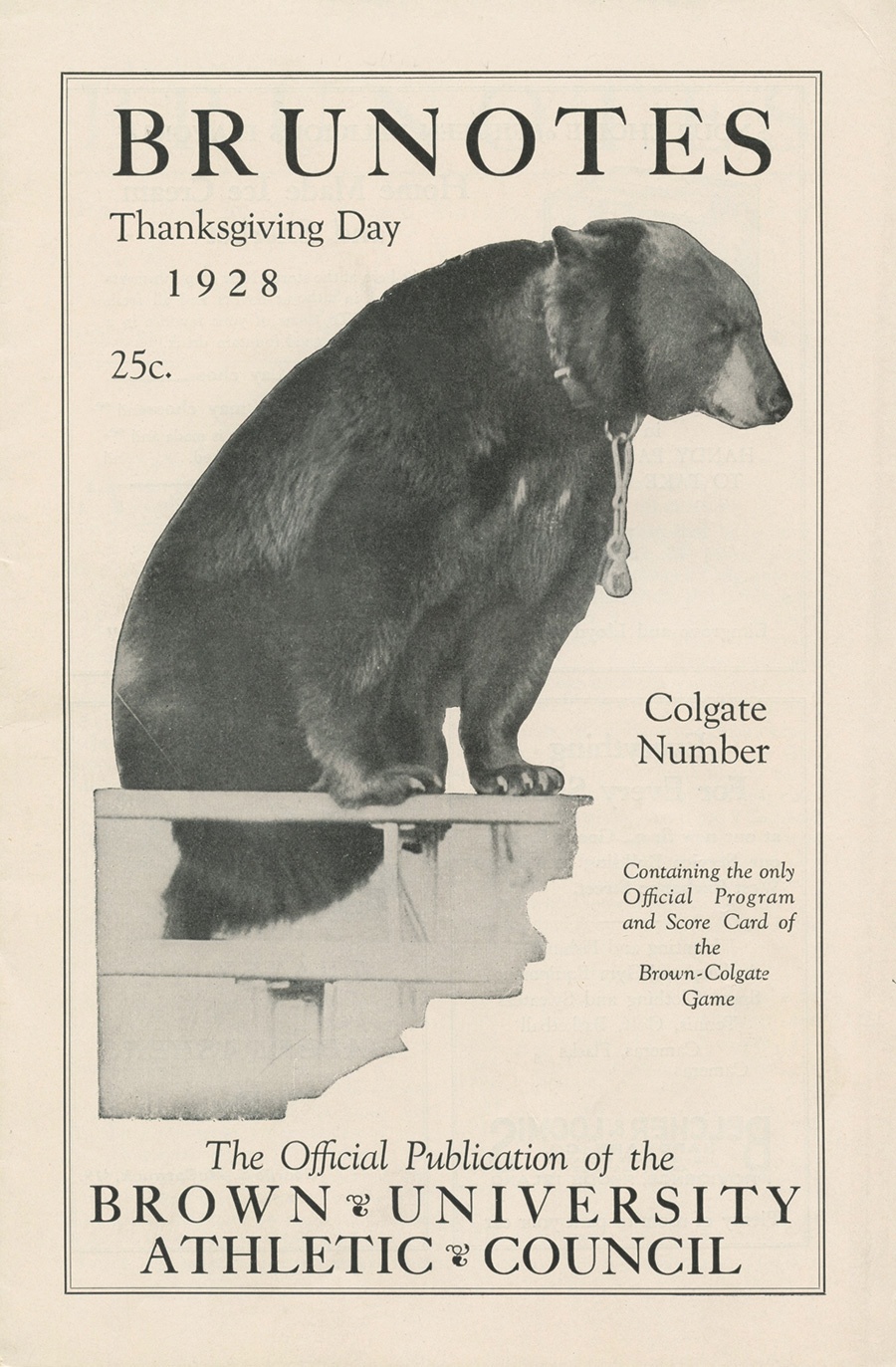Vintage Brunotes poster from Thanksgiving 1928, featuring a bear.