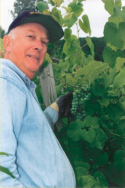 Photograph of a man standing by grape vines.