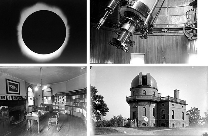 Clockwise from top left: An image taken from the observatory of the solar eclipse of June 24th, 1924; Telescope micrometer detail; The library room, circa 1898; Exterior of the observatory in 1904, printed from a glass plate negative.