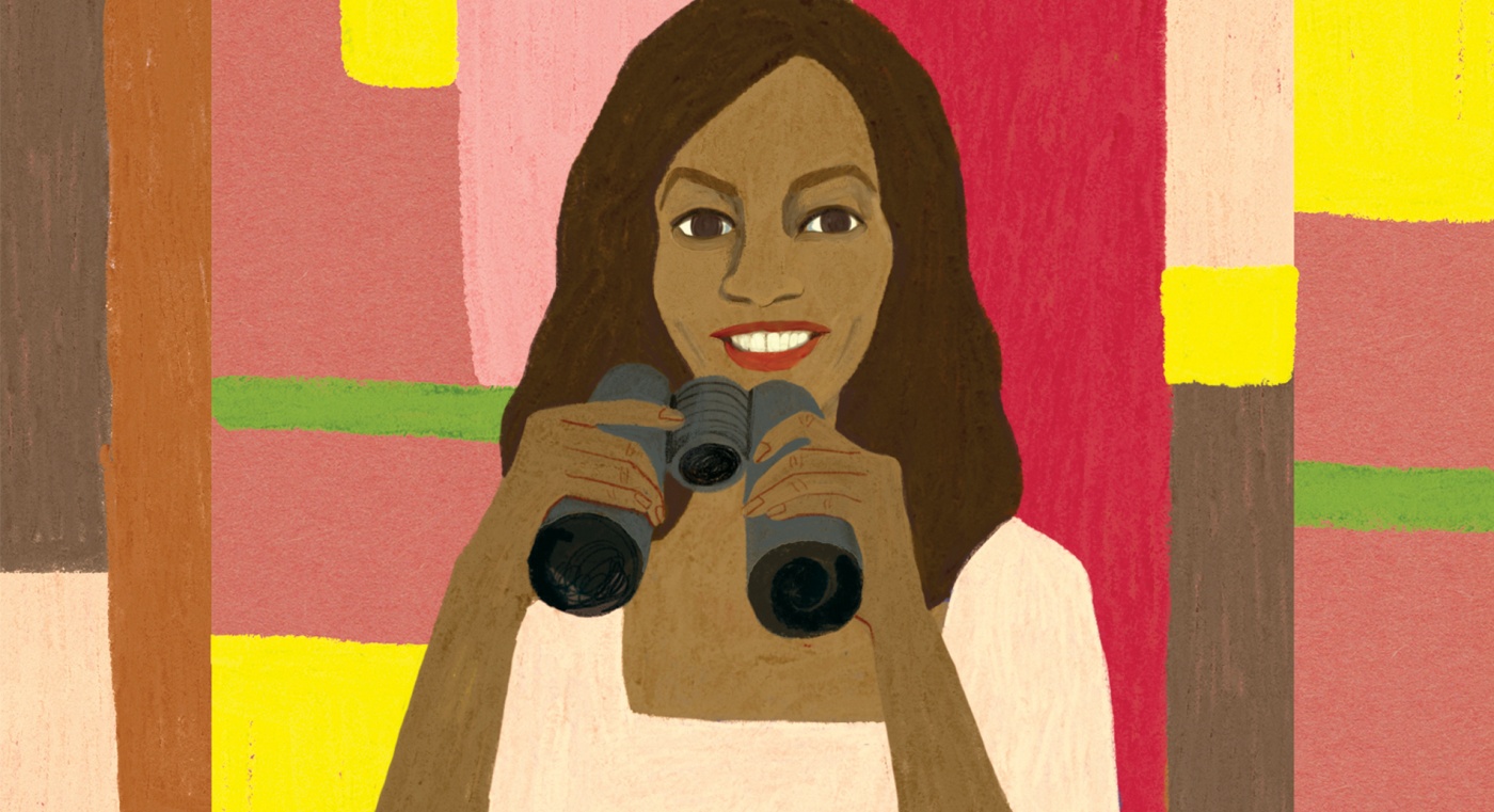Illustration of Dominique Shelton holding binoculars