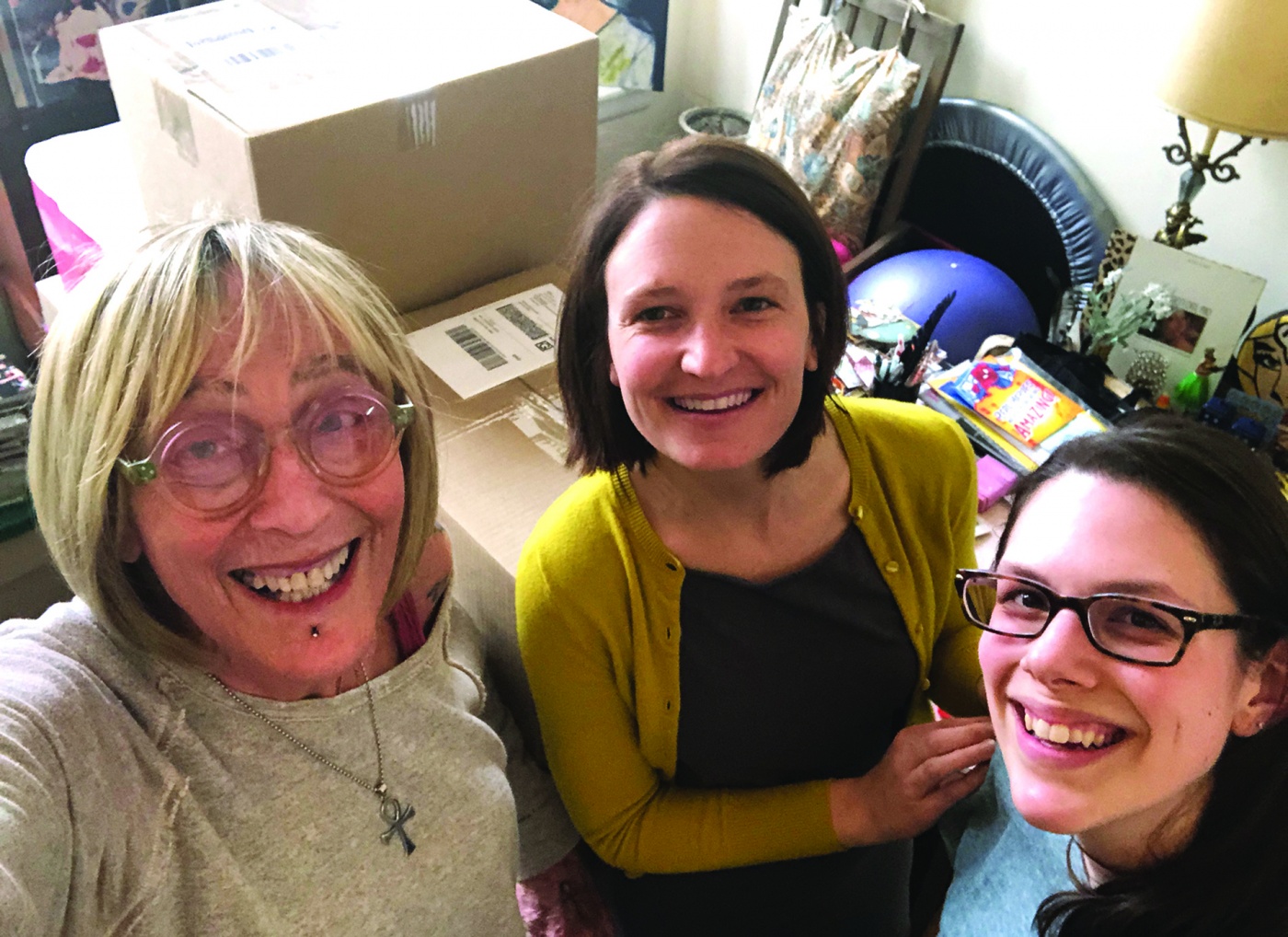 Bornstein and archivists Mary Murphy (center) and Amanda M. Knox mid-sort at Bornstein’s East Harlem apartment.