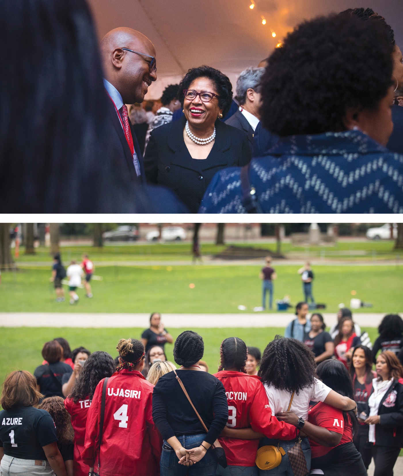 Photo of former President Ruth J. Simmons at top, and at bottom: friends pose for a photo in front of Faunce House.