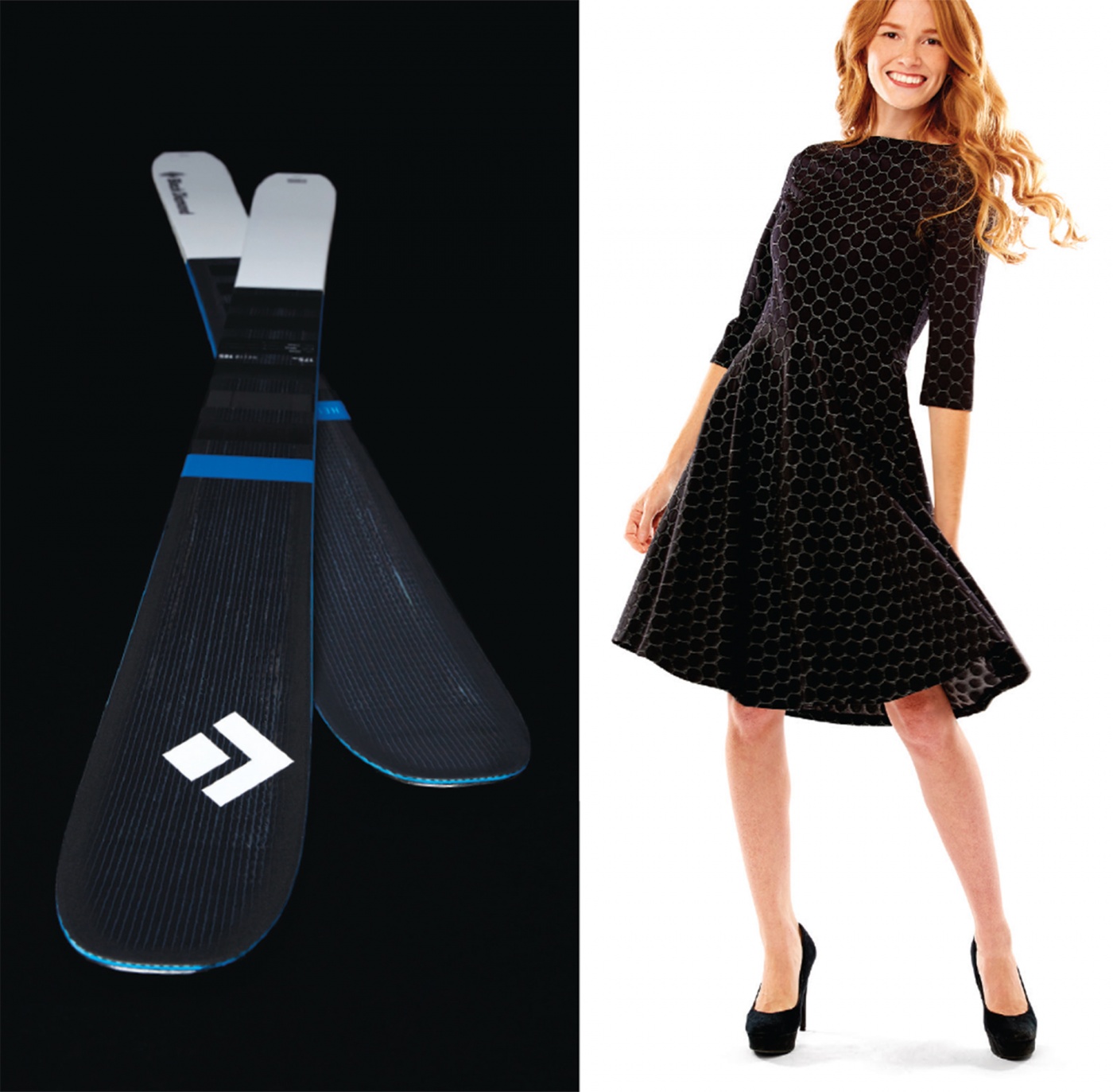 skis and black pique dress