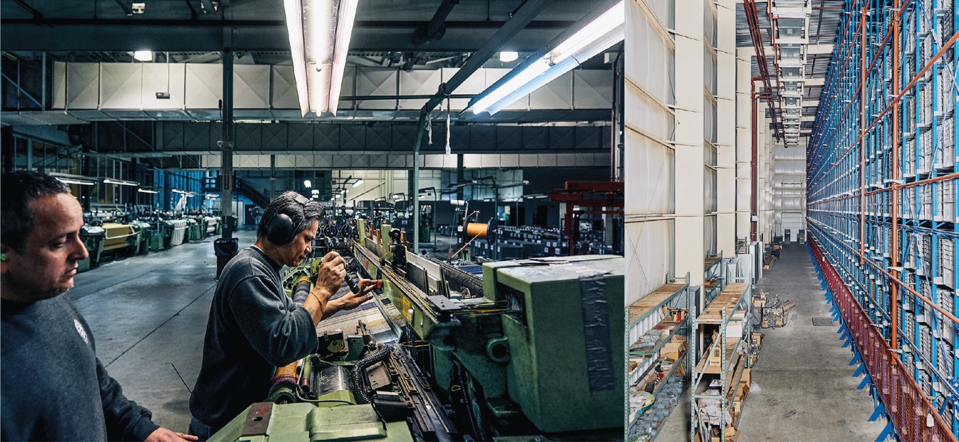 Mechanical inspection and yarn storage at two of American Woolen’s revived factory buildings