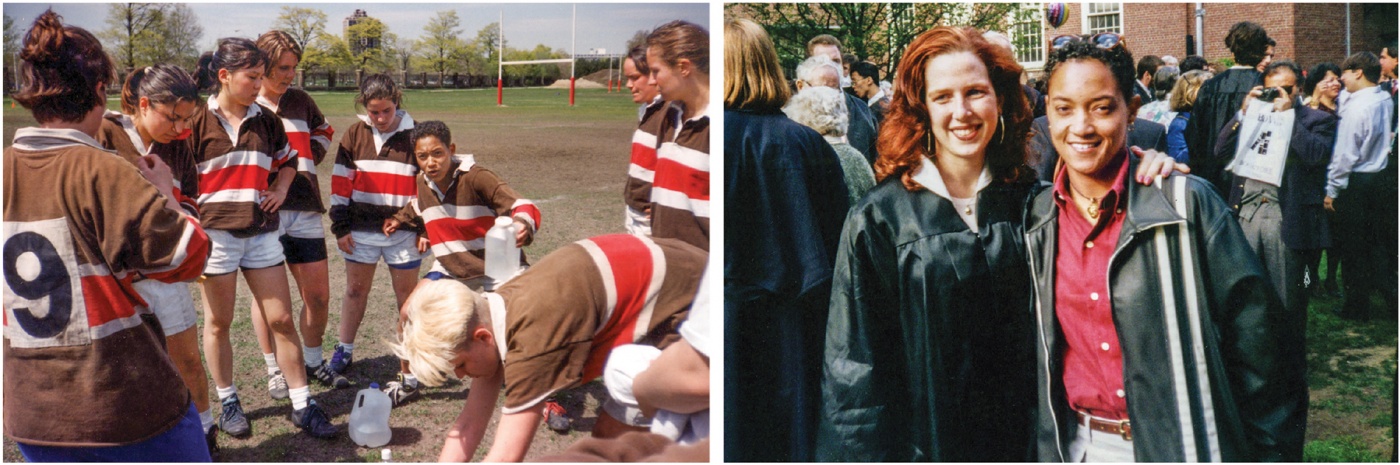 Two photos of Brunner at Brown: w her rugby team; w her girlfriend