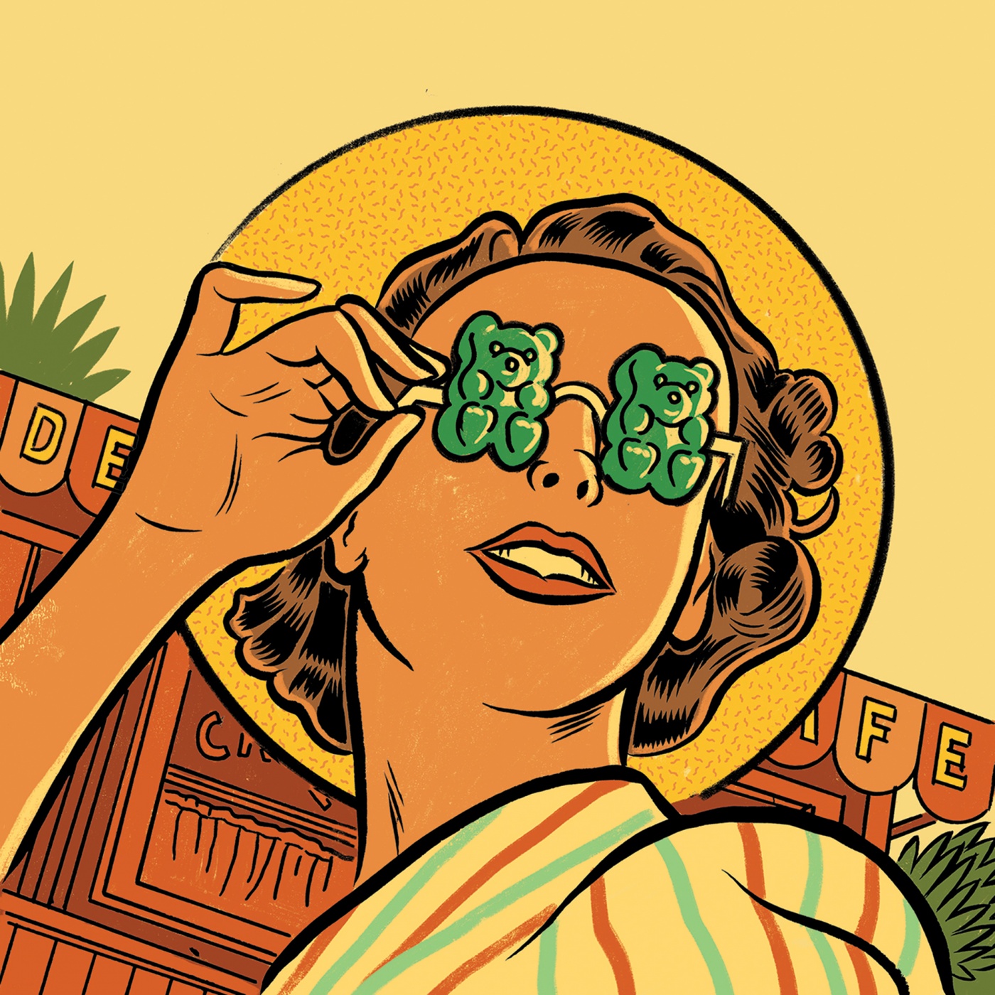 Illustration of a woman wearing sunglasses that have gummy bear lenses