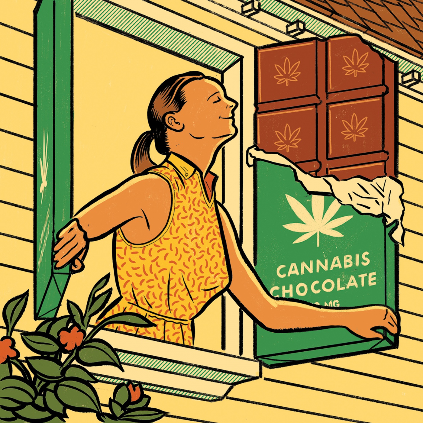 Illustration of a woman enjoying the air from an open window with cannabis chocolate bar shutters