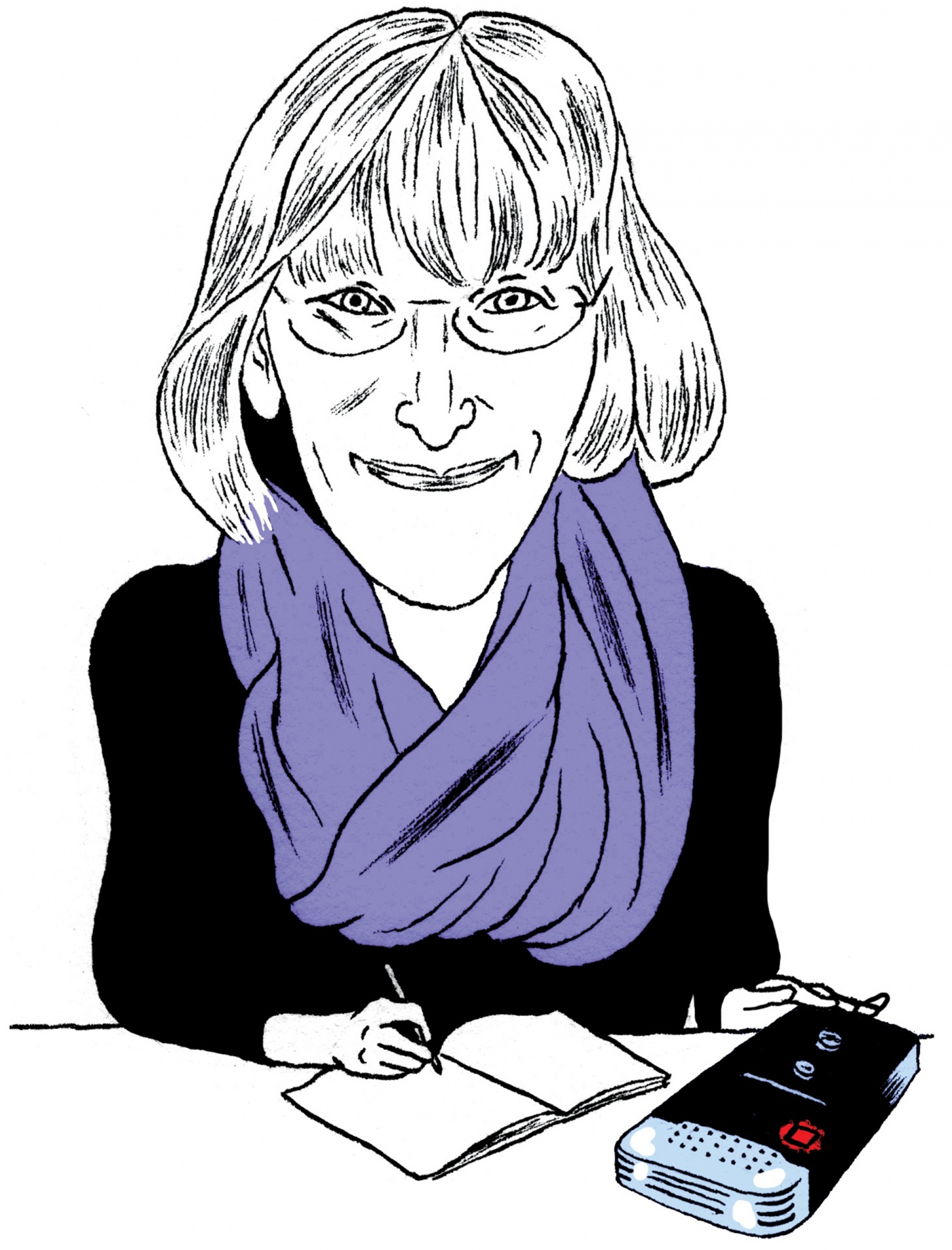 Drawing of Susan Greenfield ’83 writing in a book