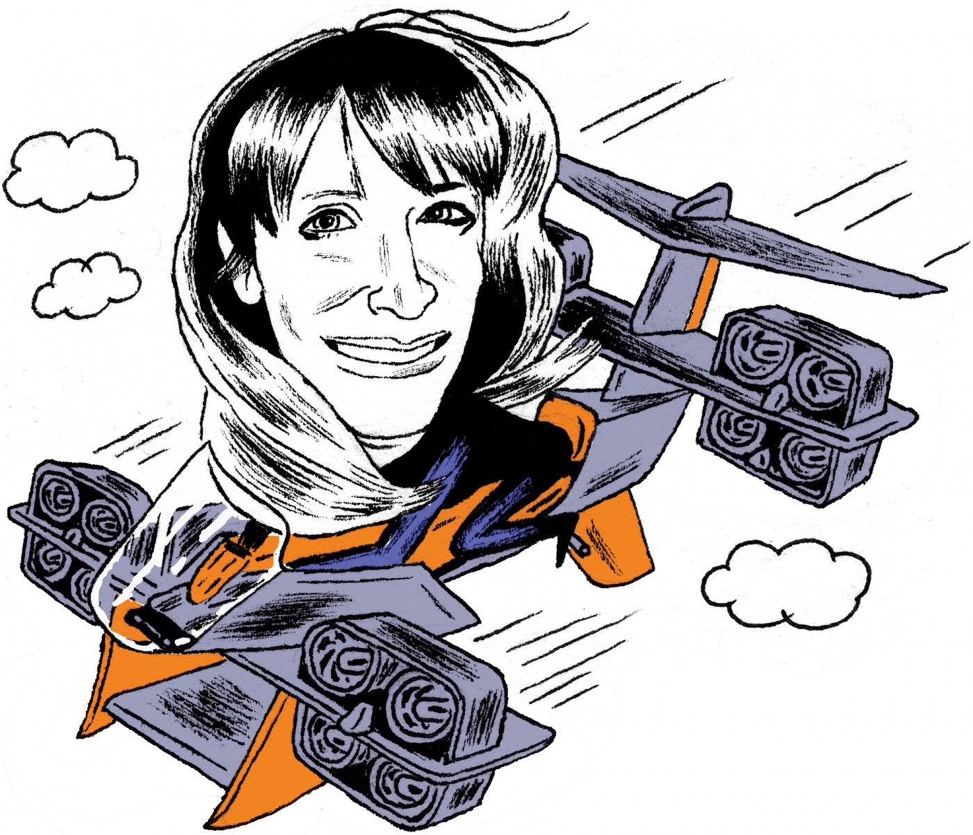 Drawing of Gwen Lighter ’91 in a flying device