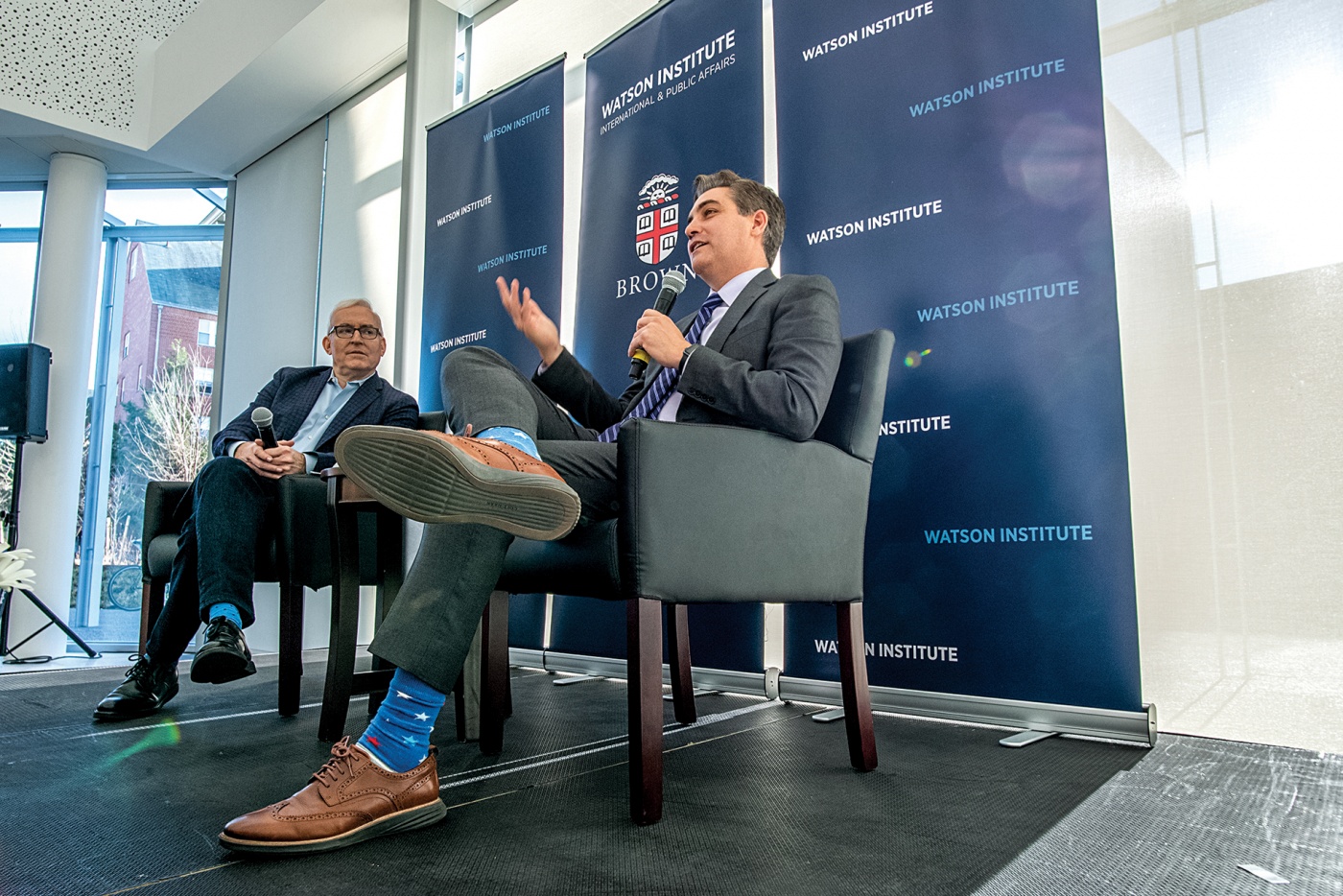 Photograph of Jim Acosta and Joe Klein ’80 during the talk