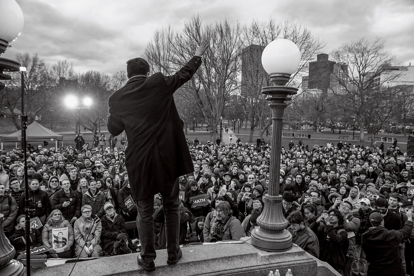 Yang addresses the crowd