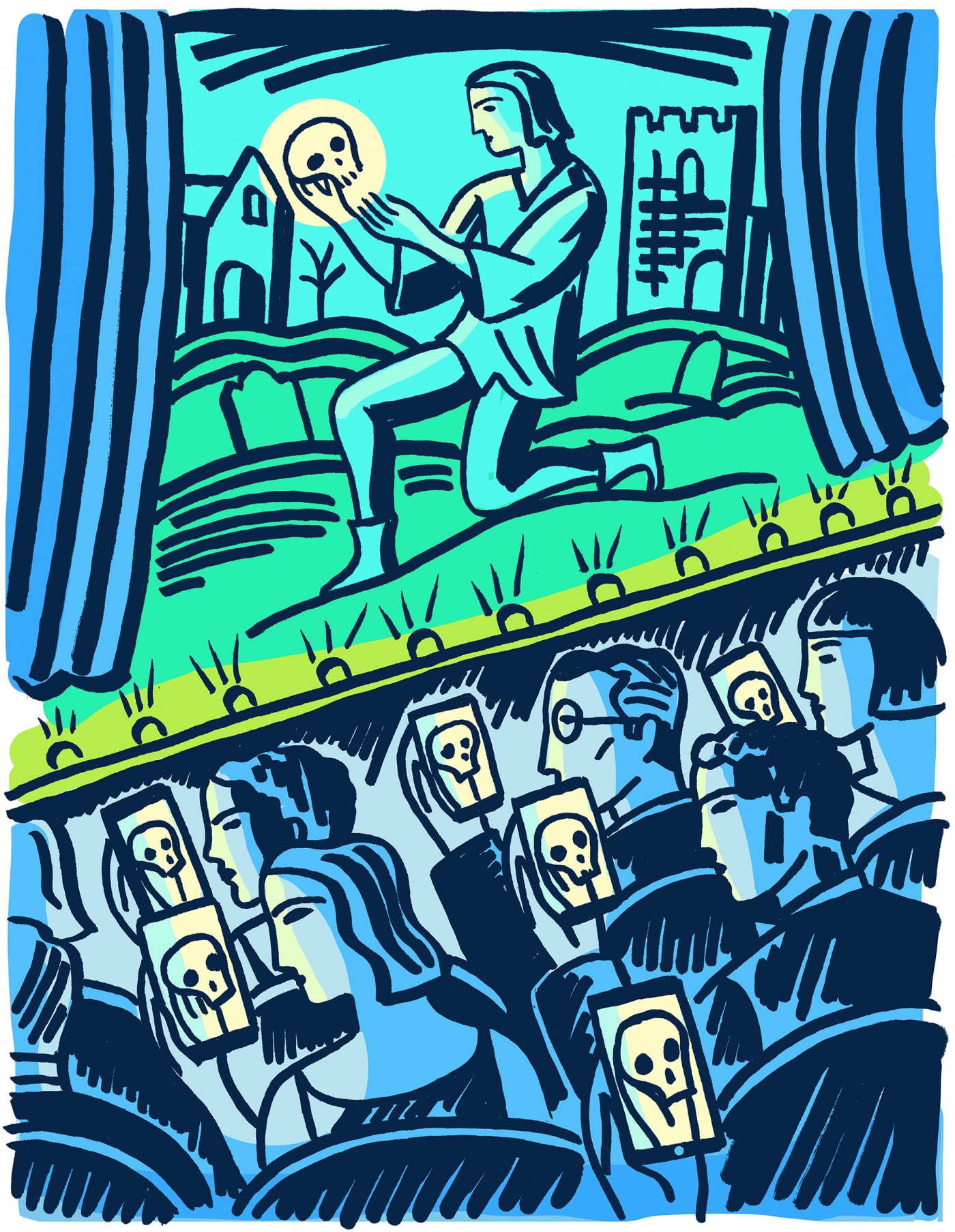 illustration of screen-obsessed theater-goers at a performance