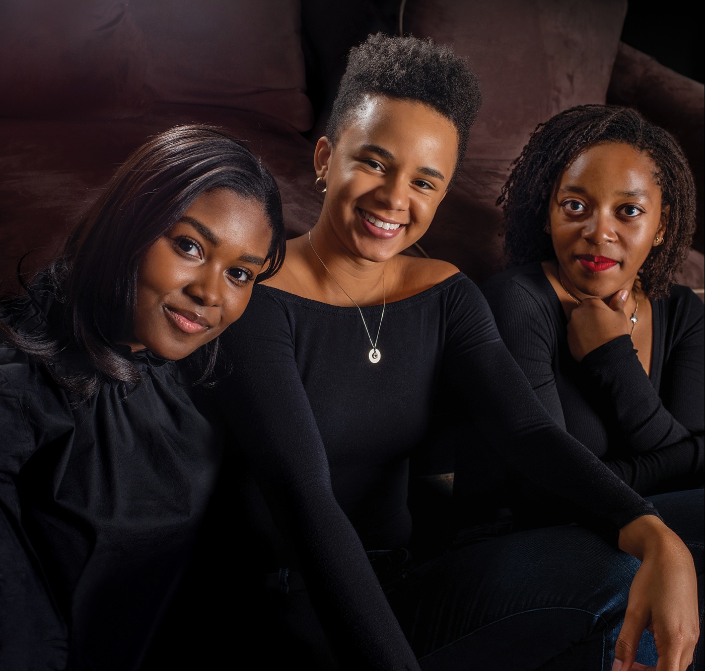 Portrait of Kimberly Collins ’22, Lauren Brown ’22 and Lauren Campbell ’21 of Black Hairitage