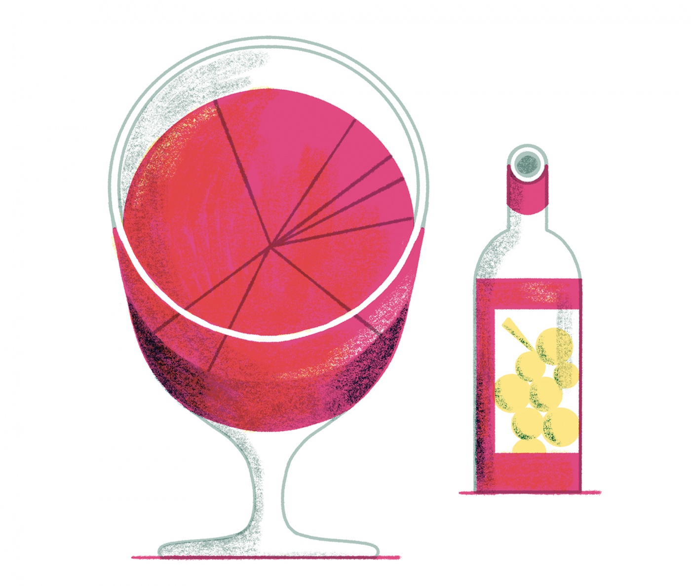 Illustration of a glass of wine with a circle graph on the surface