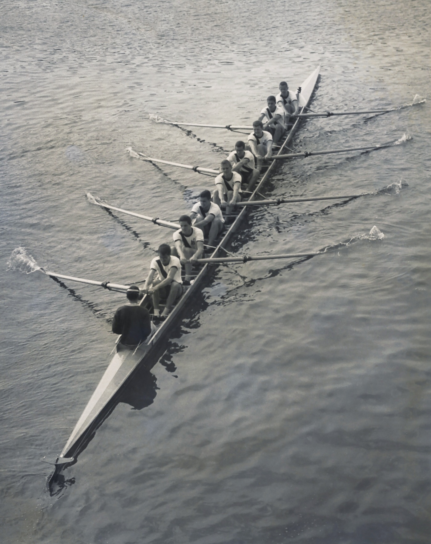 overhead shot of the varsity rowing team 1960