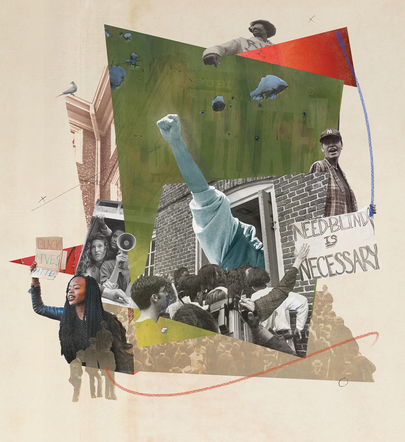 collage illo of UHall protests