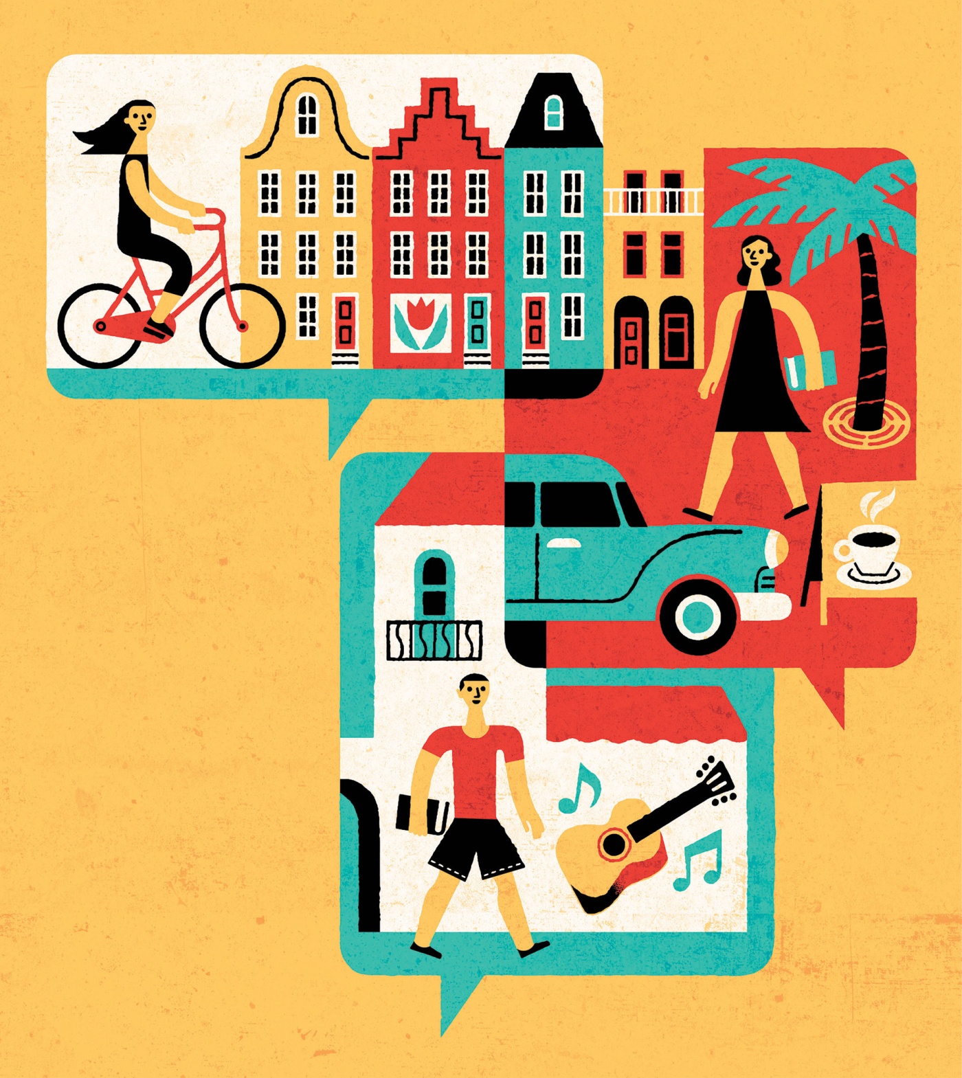 Illustration by Tim Cook of individuals studying abroad