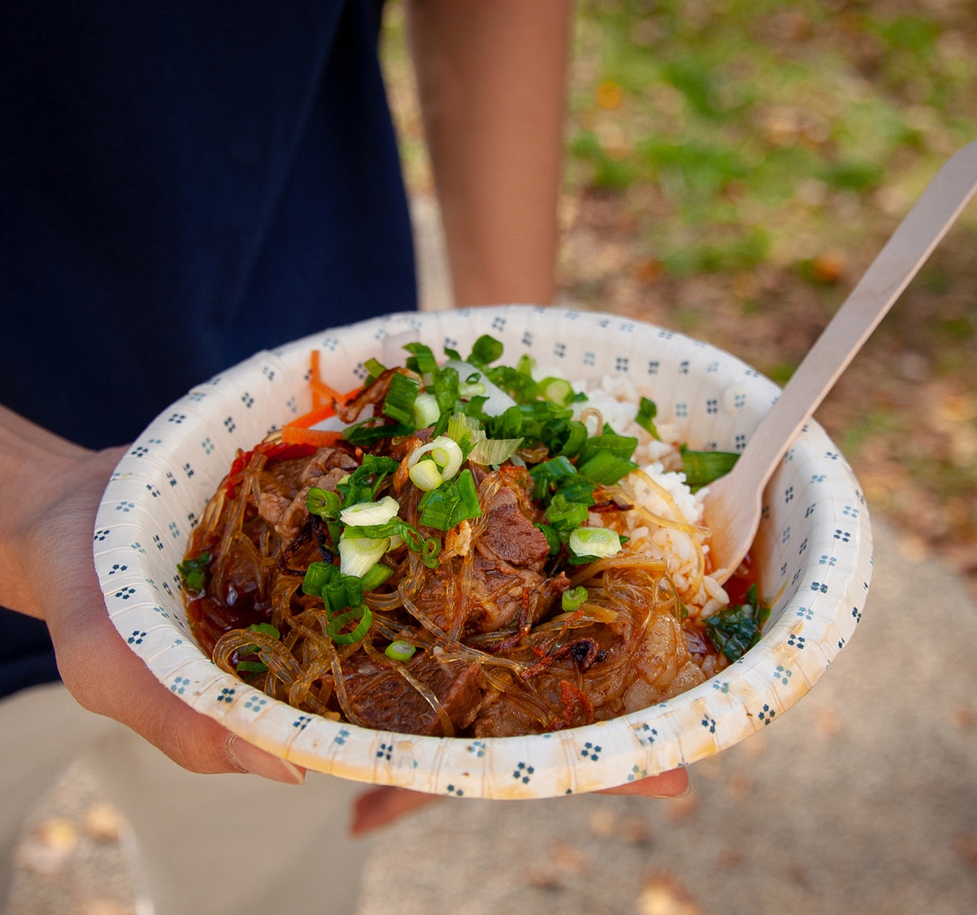 Photo of bowl of korean style beef stew with glass noodles and daikon and carrot pickles