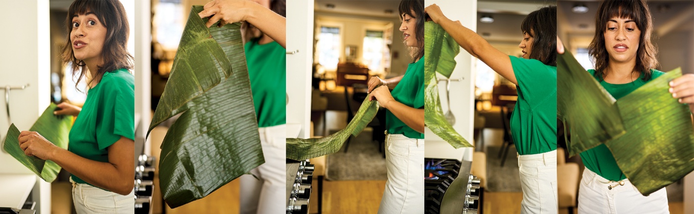 series of photos of Gabriela Alvarez-Martinez roasting a banana leaf